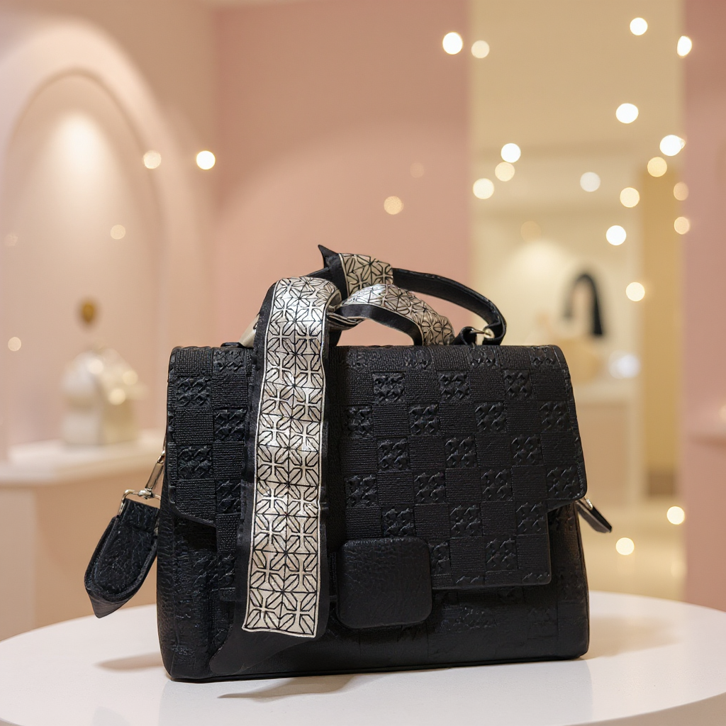 Noir Geometric Embossed Satchel with Silk Accent