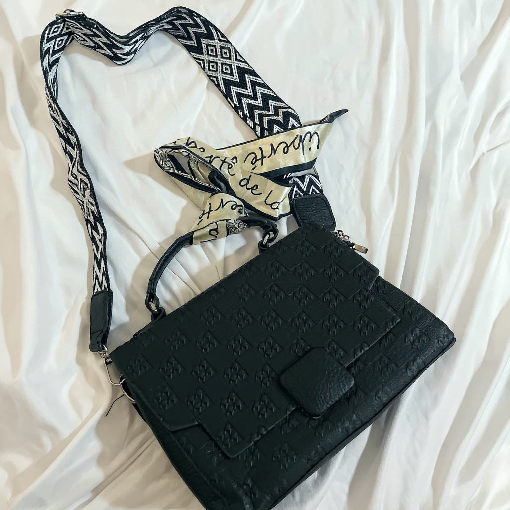 Noir Geometric Embossed Satchel with Silk Accent