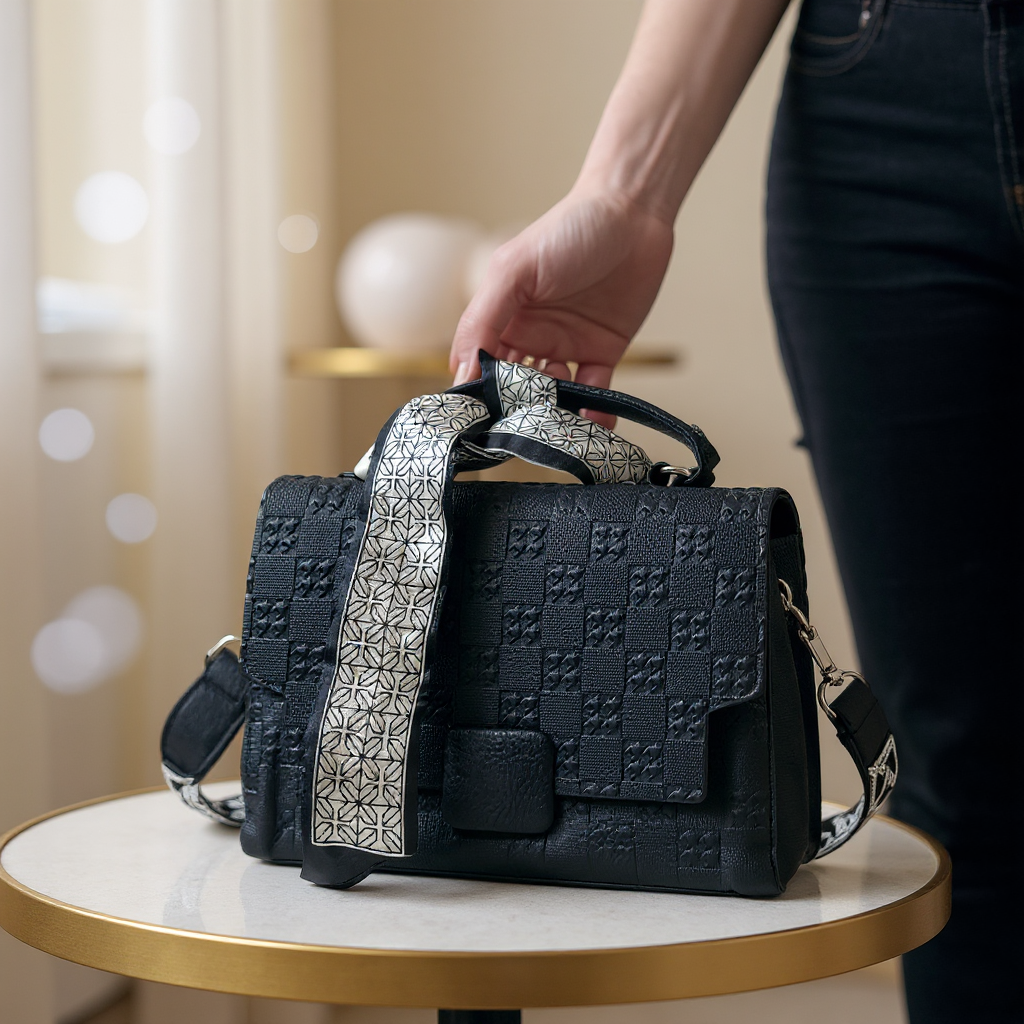 Noir Geometric Embossed Satchel with Silk Accent