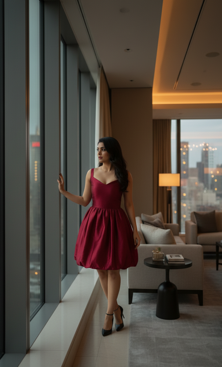 Woman in a red dress standing by a large window with a cityscape view.