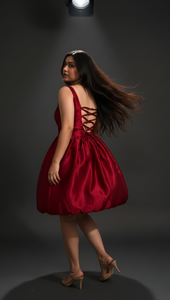 Woman in a red dress with a lace-up back against a dark background