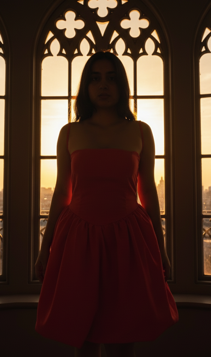 Woman in a red dress standing in front of a large window with a cityscape view.