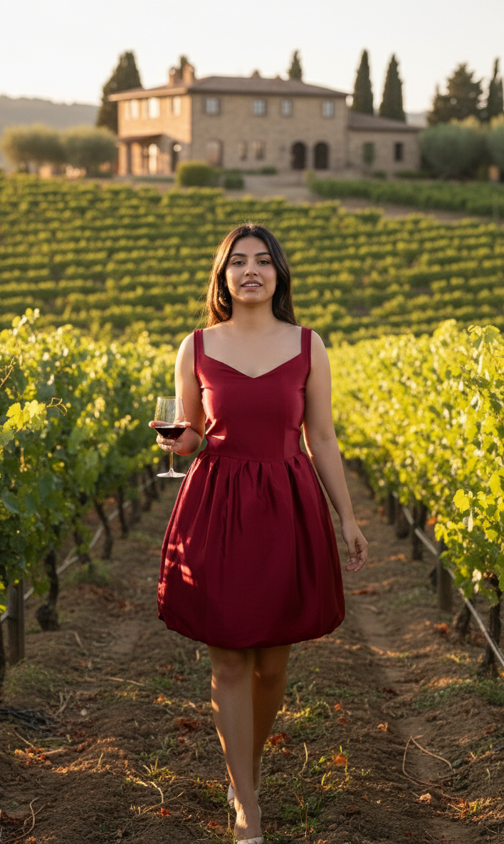 Woman in a red dress holding a glass of wine in a vineyard with a house in the background