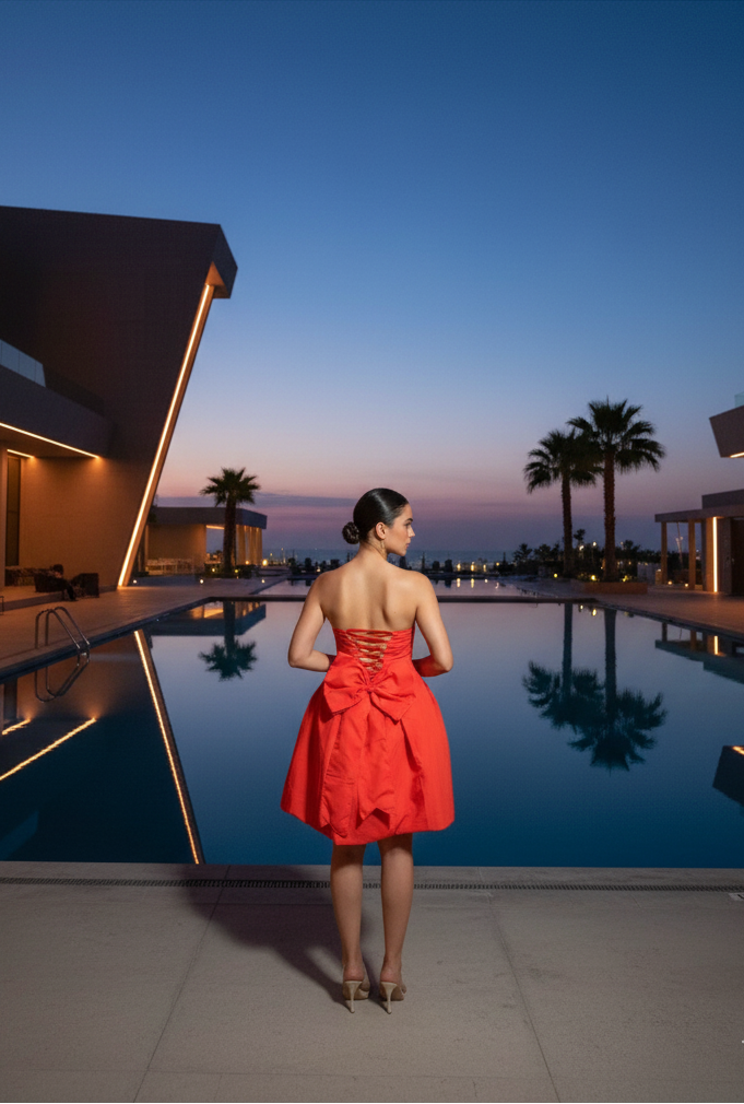 Woman in a red dress standing by a pool at dusk with modern architecture and palm trees in the background.