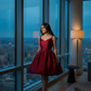 Woman in a red dress standing by large windows with cityscape view