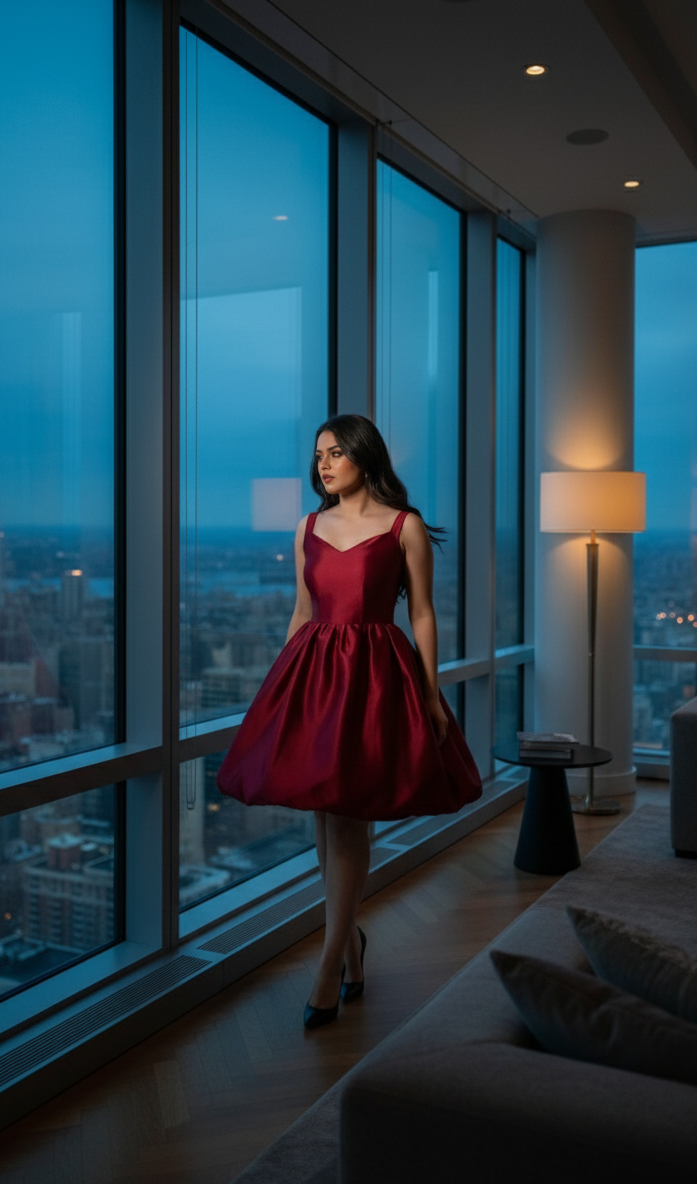 Woman in a red dress standing by large windows with cityscape view