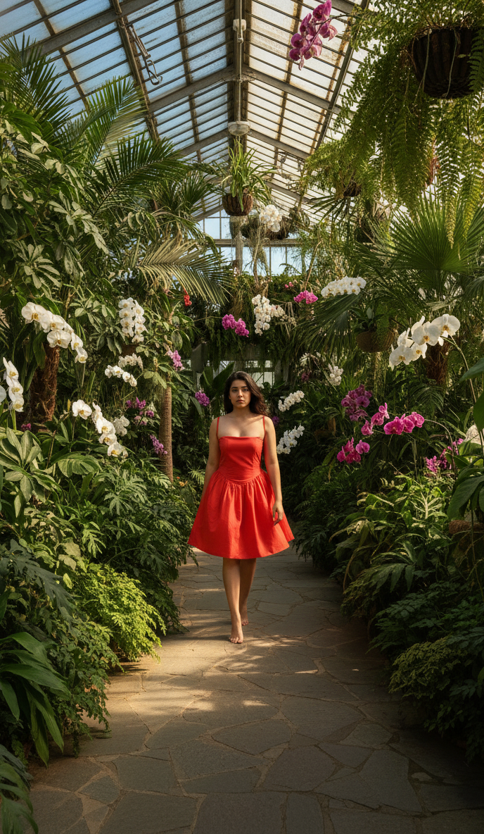 Woman in a red dress walking through a lush greenhouse filled with orchids.