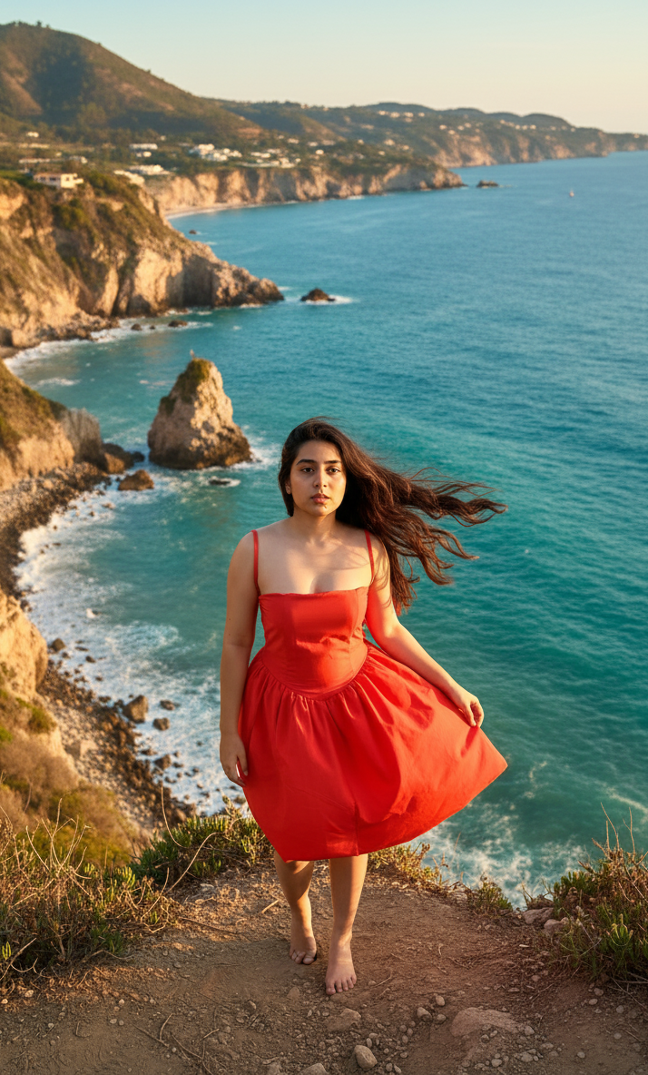 Woman in a red dress standing on a coastal path with ocean and cliffs in the background
