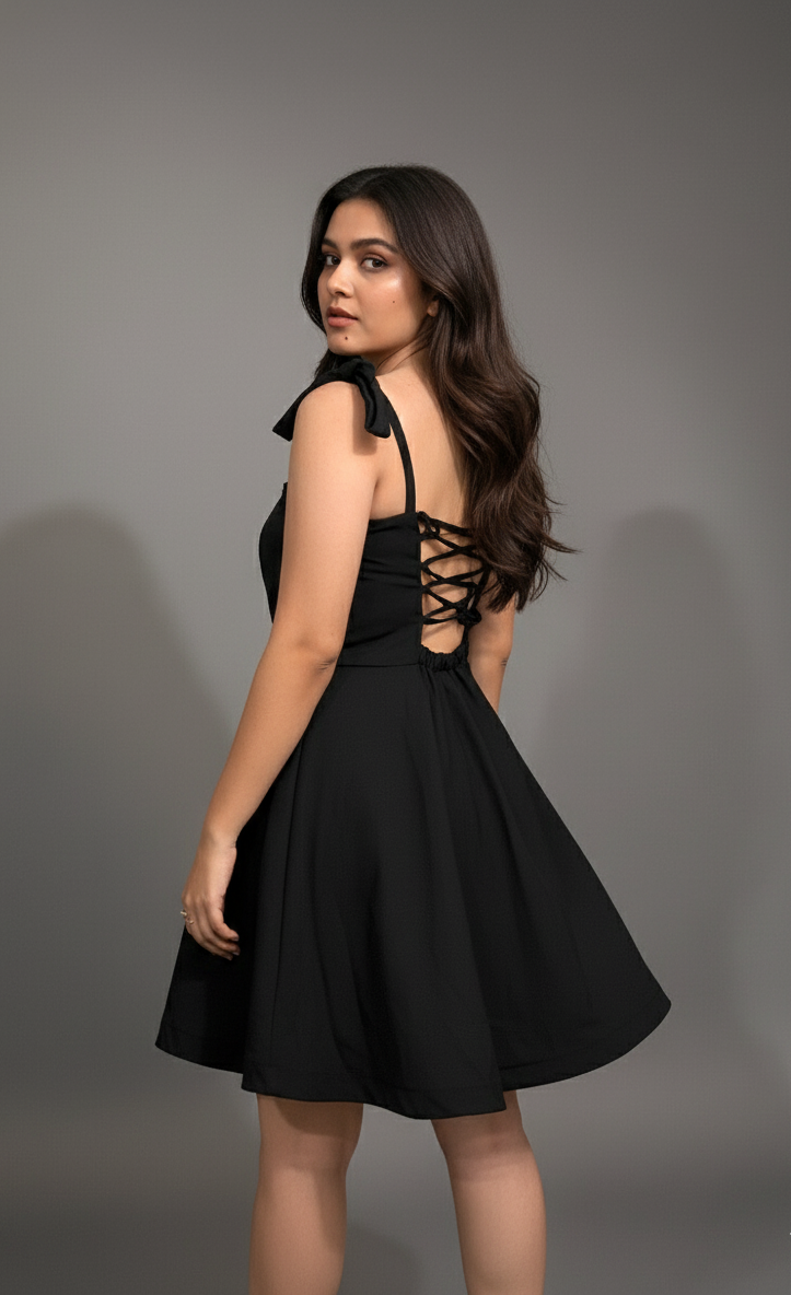 Woman wearing a black dress with lace-up back against a gray background