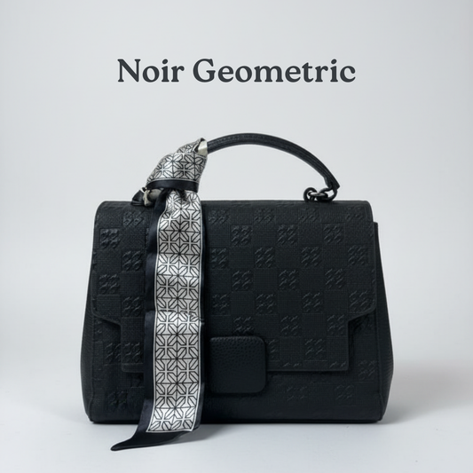 Noir Geometric Embossed Satchel with Silk Accent